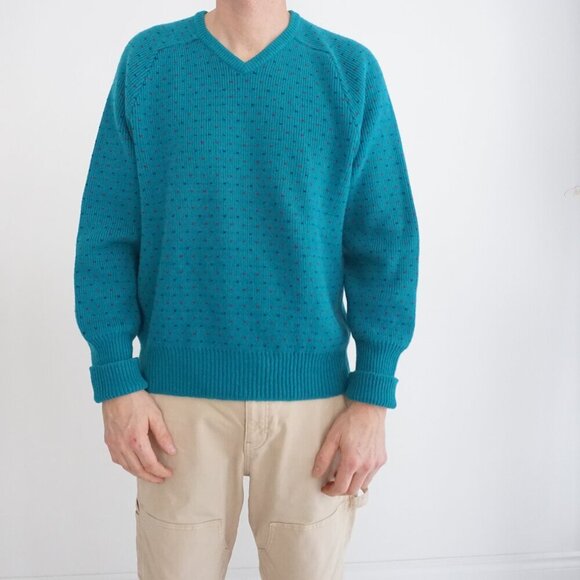 Vintage '90S Ingo Teal Green 100% Wool Eclectic Grandpa V-Neck  Sweater Medium - Picture 1 of 10